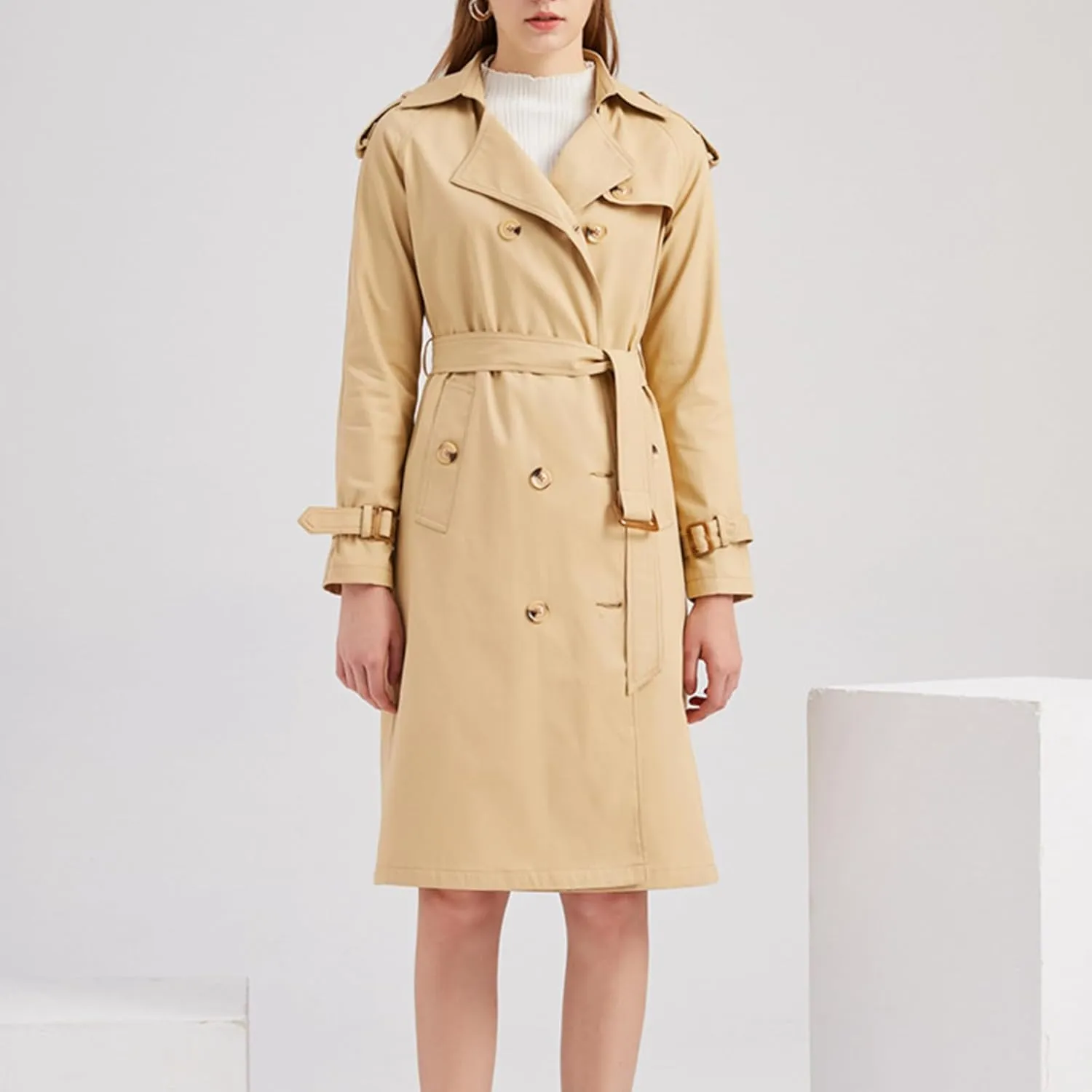 FEORJGP Women Casual Long Trench Coat Jacket Lapel Double Breasted Slim Coat Long Sleeve Overcoat with Belt Windproof Outwear