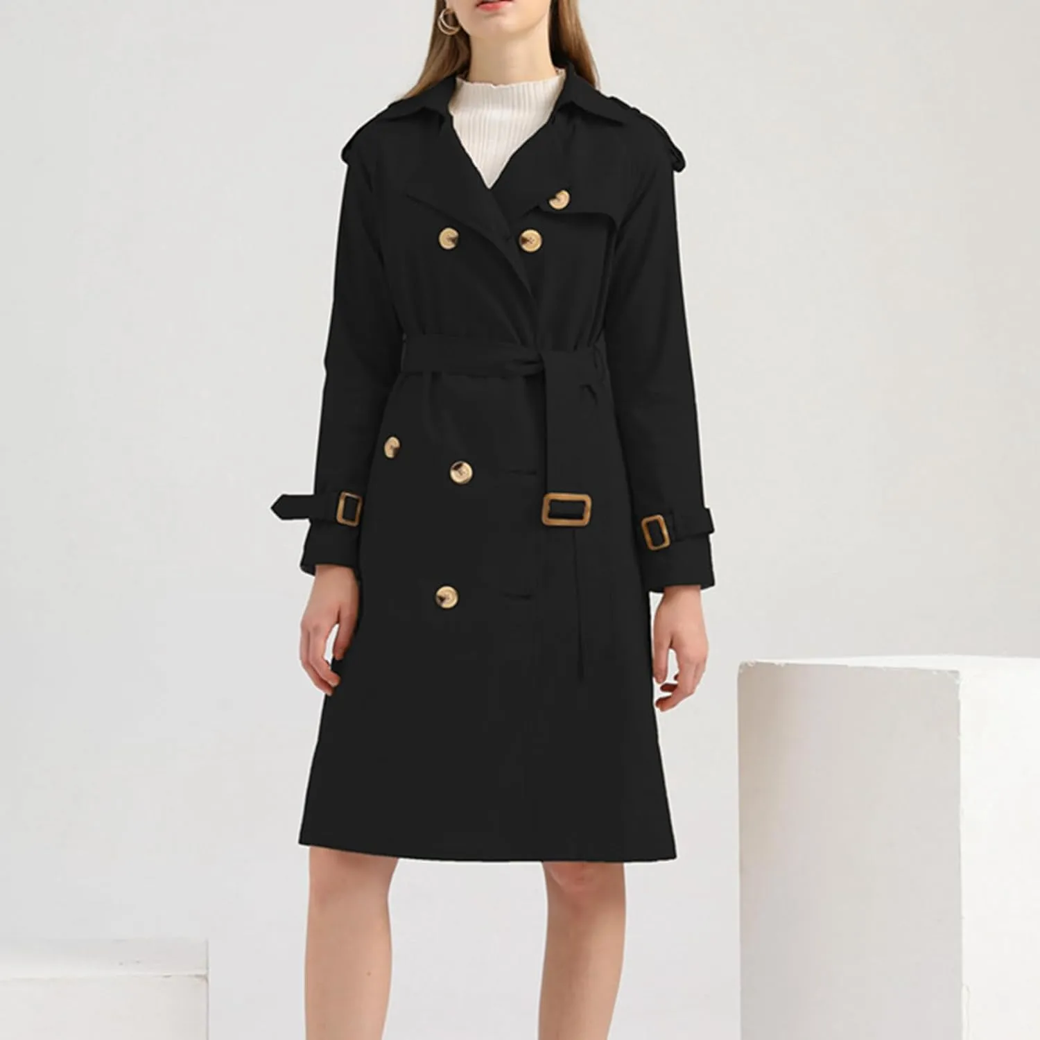 FEORJGP Women Casual Long Trench Coat Jacket Lapel Double Breasted Slim Coat Long Sleeve Overcoat with Belt Windproof Outwear