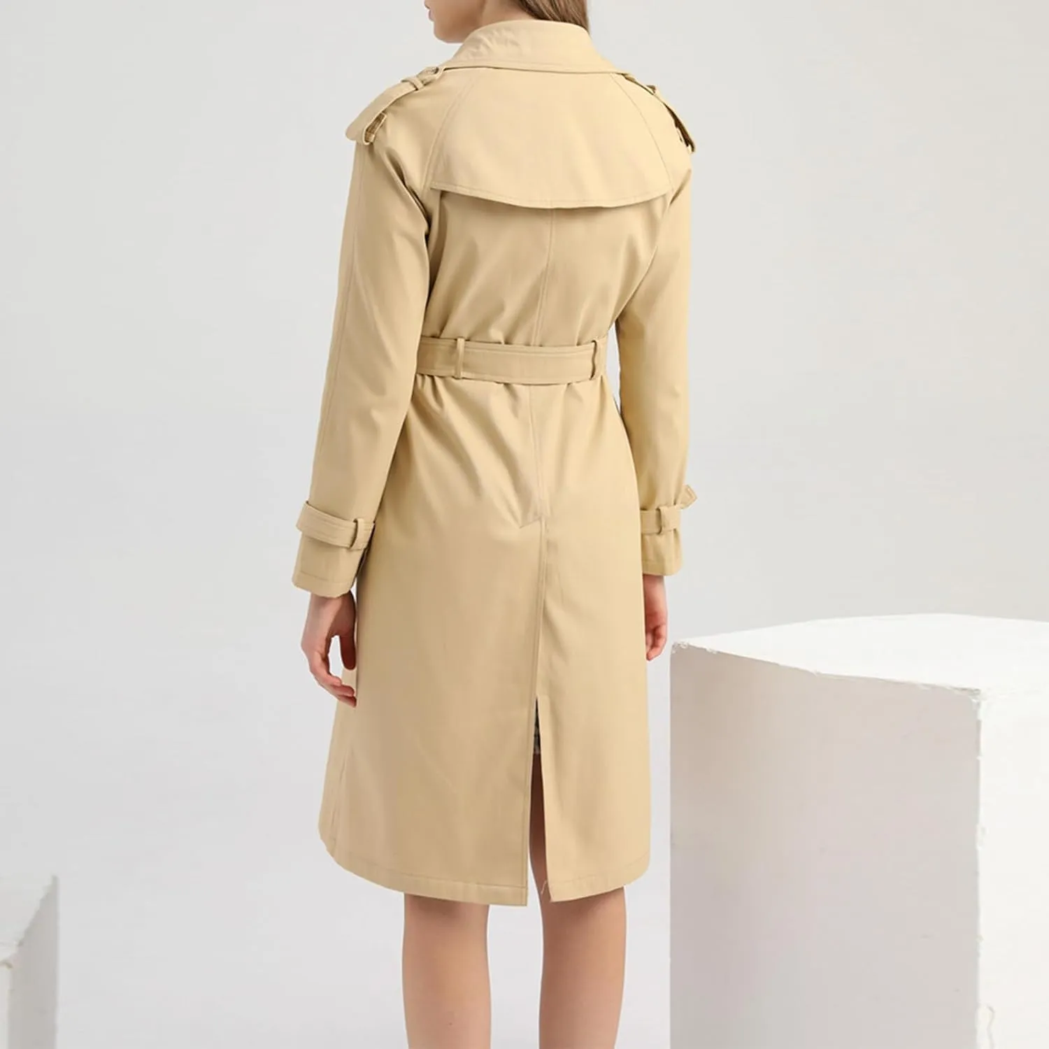 FEORJGP Women Casual Long Trench Coat Jacket Lapel Double Breasted Slim Coat Long Sleeve Overcoat with Belt Windproof Outwear