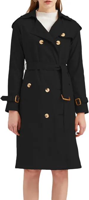 FEORJGP Women Casual Long Trench Coat Jacket Lapel Double Breasted Slim Coat Long Sleeve Overcoat with Belt Windproof Outwear