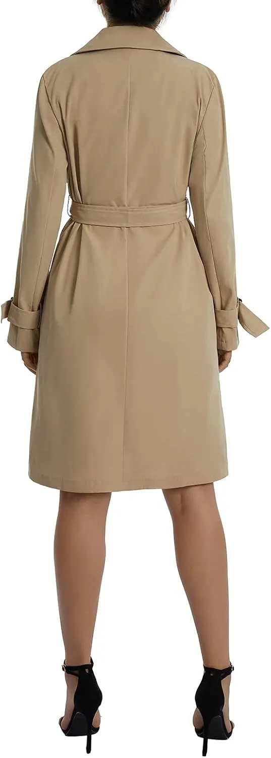 FEORJGP Women Casual Long Trench Coat Jacket Lapel Double Breasted Slim Coat Long Sleeve Overcoat with Belt Windproof Outwear