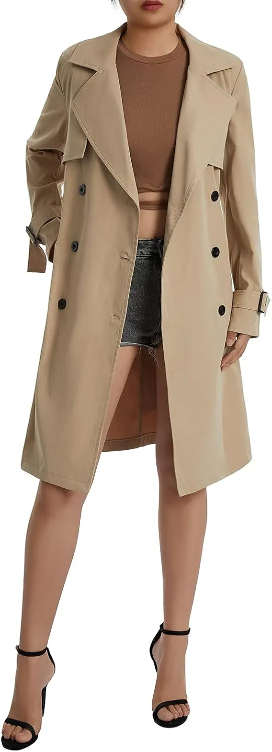 FEORJGP Women Casual Long Trench Coat Jacket Lapel Double Breasted Slim Coat Long Sleeve Overcoat with Belt Windproof Outwear