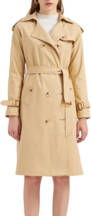 FEORJGP Women Casual Long Trench Coat Jacket Lapel Double Breasted Slim Coat Long Sleeve Overcoat with Belt Windproof Outwear