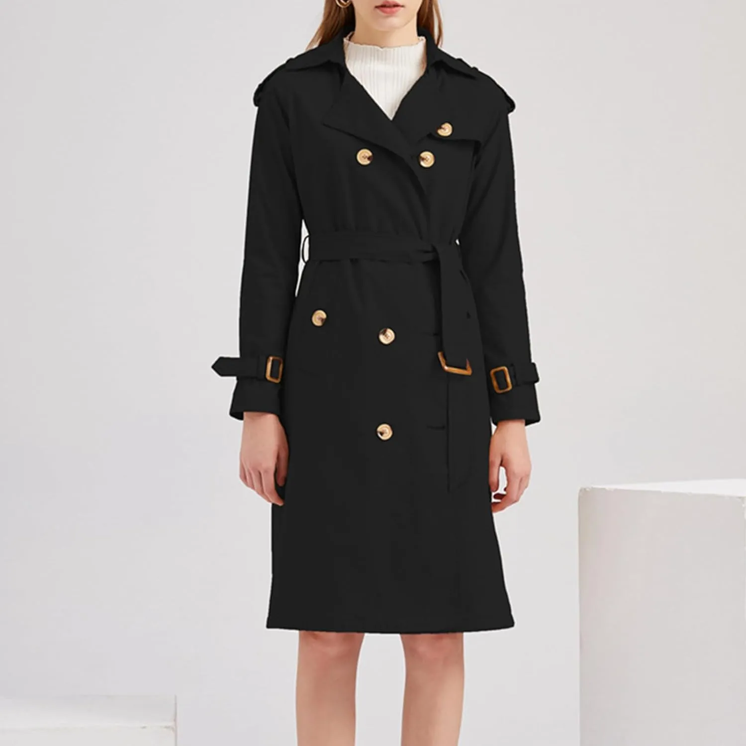 FEORJGP Women Casual Long Trench Coat Jacket Lapel Double Breasted Slim Coat Long Sleeve Overcoat with Belt Windproof Outwear