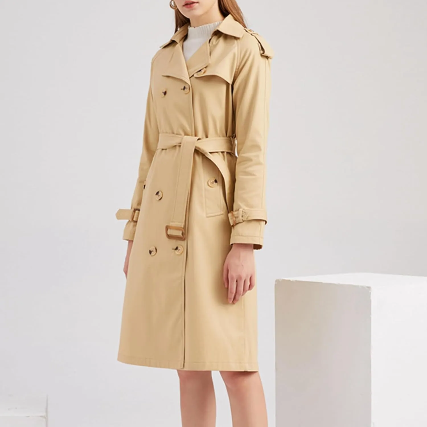 FEORJGP Women Casual Long Trench Coat Jacket Lapel Double Breasted Slim Coat Long Sleeve Overcoat with Belt Windproof Outwear