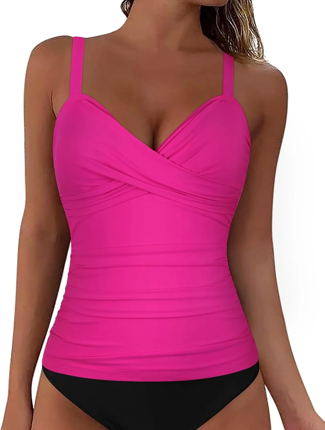 Firpearl Womens Underwire Tankini Top Only Twist V Neck Swimsuits for Big Busted Ruched Tummy Control Bathing Suit Tops