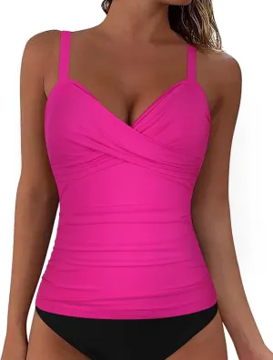 Firpearl Womens Underwire Tankini Top Only Twist V Neck Swimsuits for Big Busted Ruched Tummy Control Bathing Suit Tops