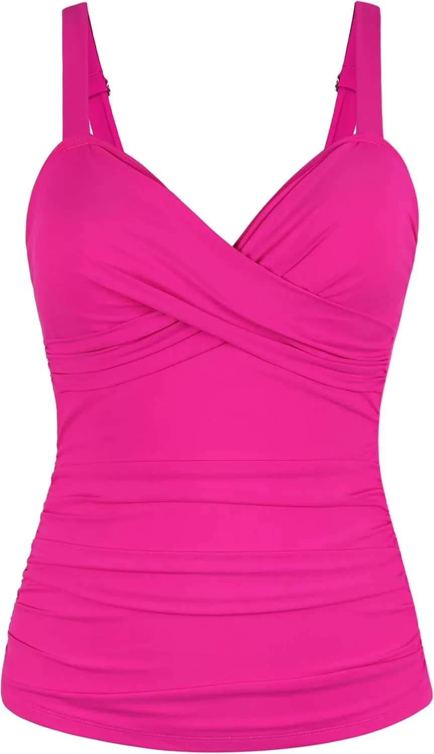Firpearl Womens Underwire Tankini Top Only Twist V Neck Swimsuits for Big Busted Ruched Tummy Control Bathing Suit Tops