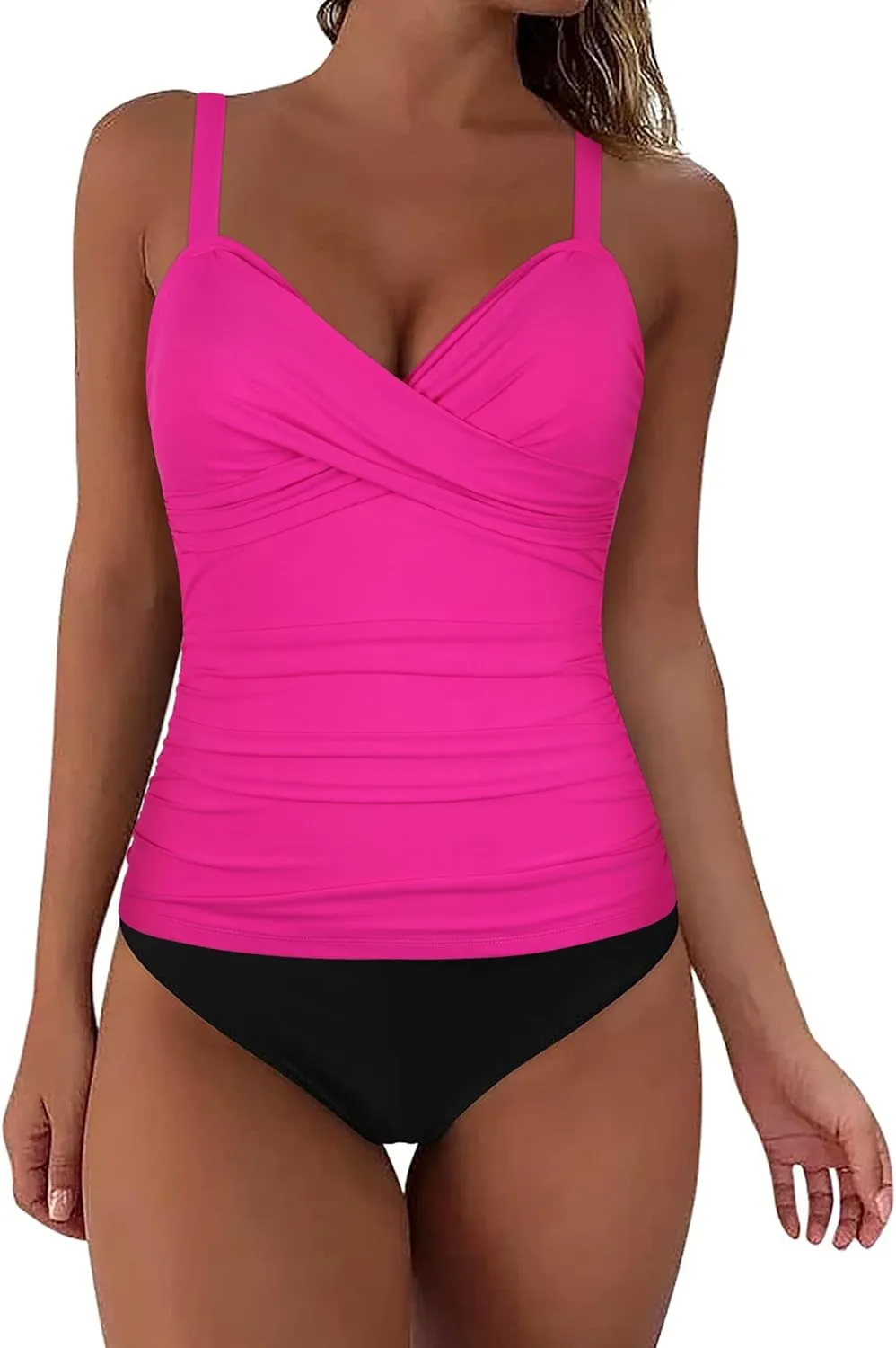 Firpearl Womens Underwire Tankini Top Only Twist V Neck Swimsuits for Big Busted Ruched Tummy Control Bathing Suit Tops