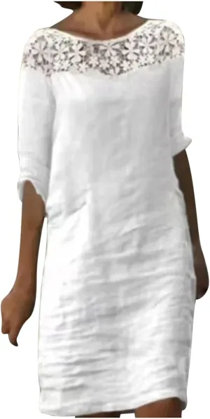 Firzero Cotton Linen Dresses for Women, Summer Casual Loose Crew Neck 3/4 Sleeve Midi Dress, Trendy Elegant Plain Beach Dress