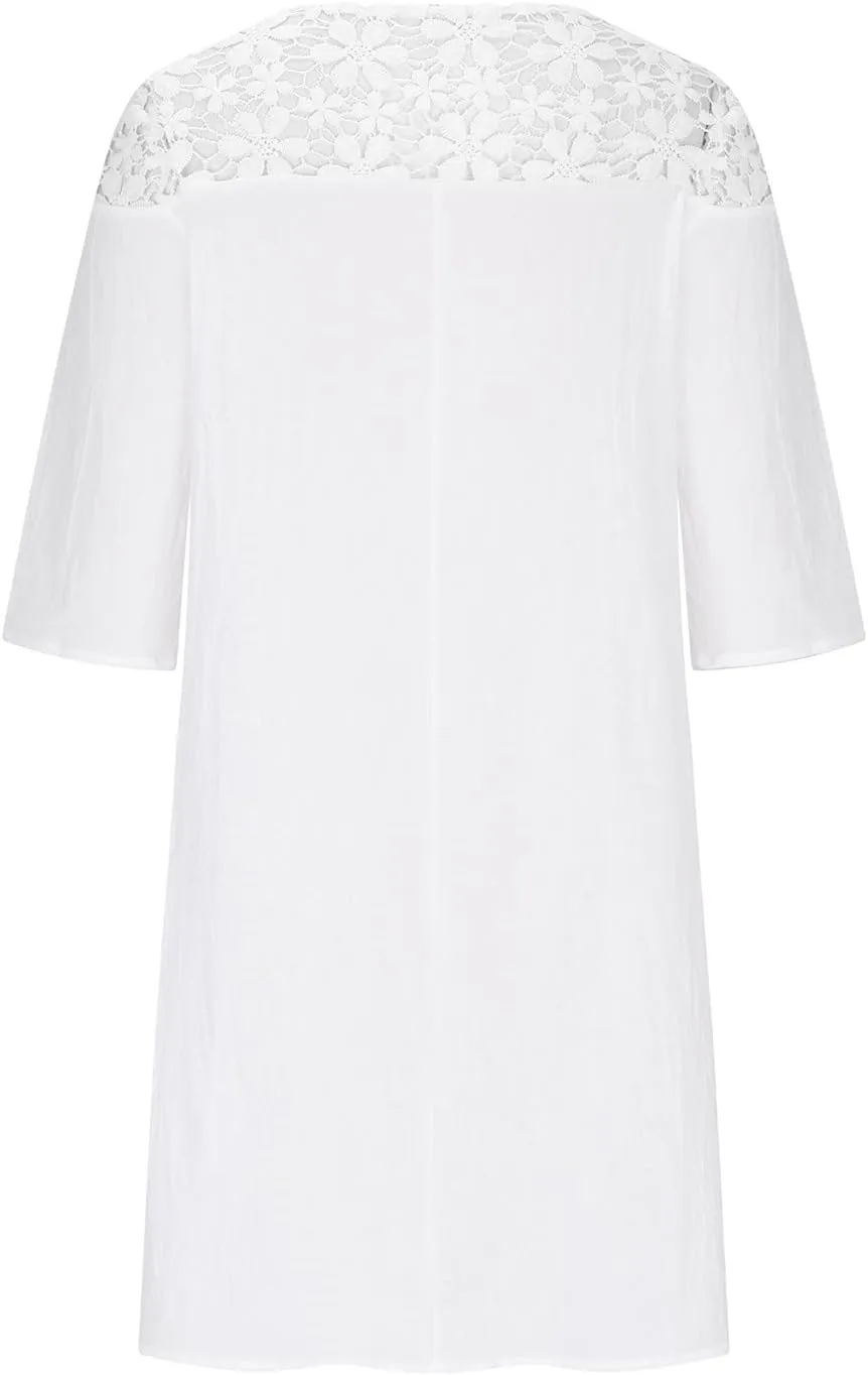 Firzero Cotton Linen Dresses for Women, Summer Casual Loose Crew Neck 3/4 Sleeve Midi Dress, Trendy Elegant Plain Beach Dress