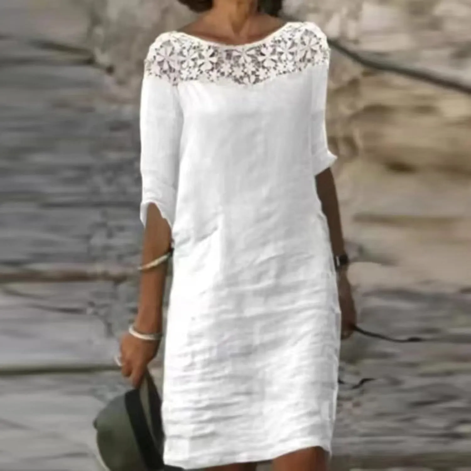 Firzero Cotton Linen Dresses for Women, Summer Casual Loose Crew Neck 3/4 Sleeve Midi Dress, Trendy Elegant Plain Beach Dress