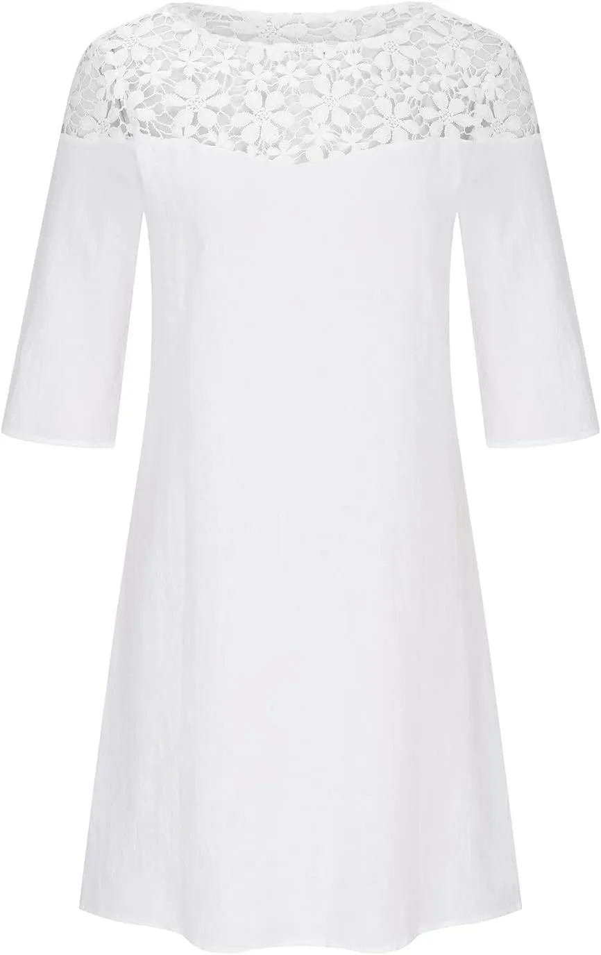 Firzero Cotton Linen Dresses for Women, Summer Casual Loose Crew Neck 3/4 Sleeve Midi Dress, Trendy Elegant Plain Beach Dress