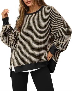 Fisoew Women's Fall Oversized Sweatshirt Casual Waffle Knit Long Sleeve Crewneck Split Pullover Tunic Tops