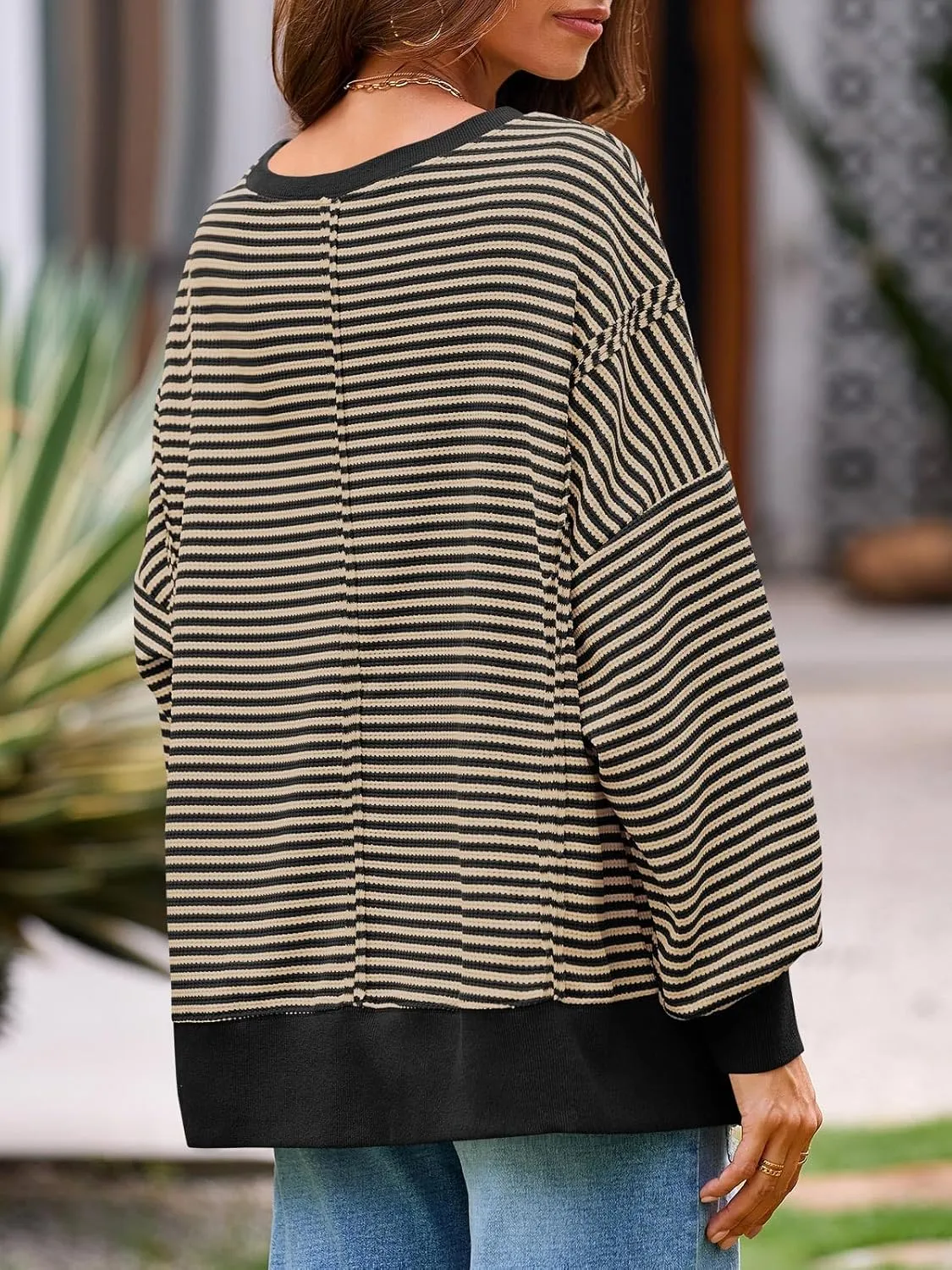 Fisoew Women's Fall Oversized Sweatshirt Casual Waffle Knit Long Sleeve Crewneck Split Pullover Tunic Tops