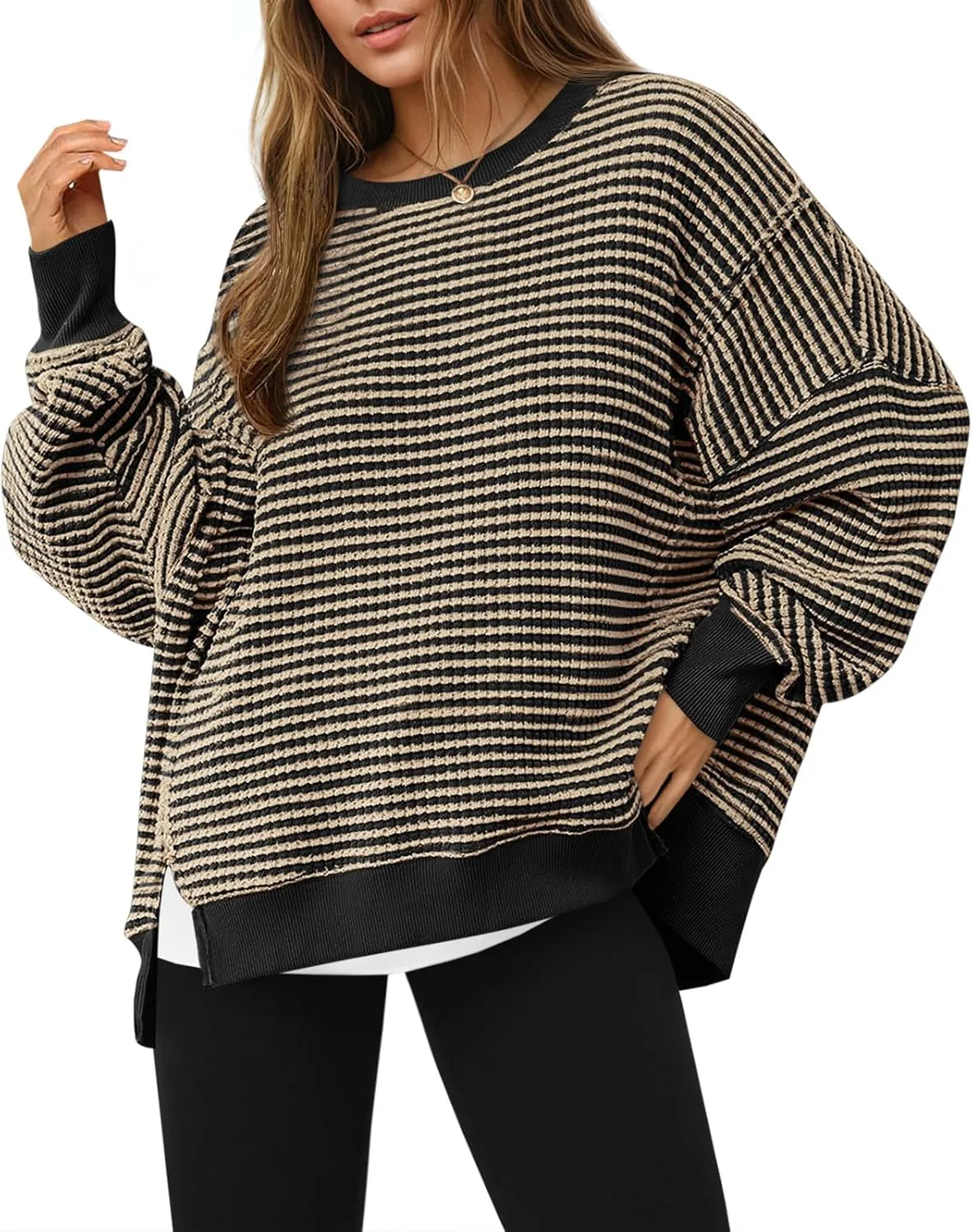 Fisoew Women's Fall Oversized Sweatshirt Casual Waffle Knit Long Sleeve Crewneck Split Pullover Tunic Tops