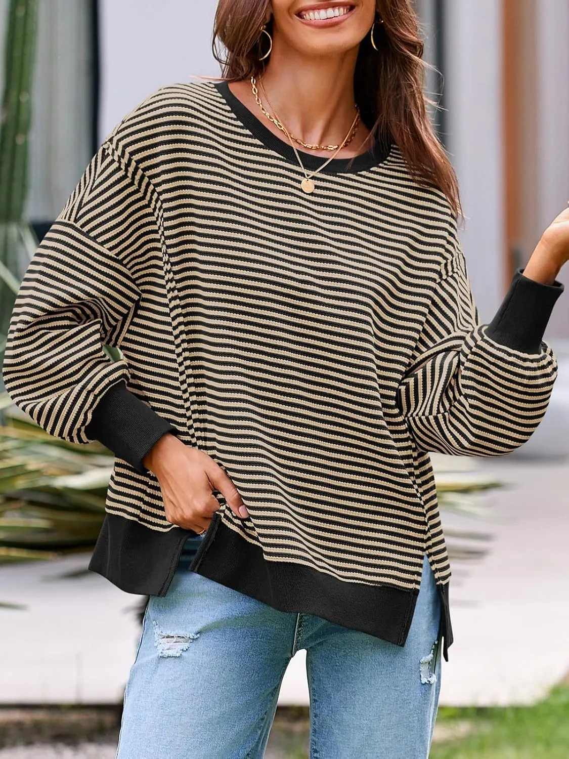 Fisoew Women's Fall Oversized Sweatshirt Casual Waffle Knit Long Sleeve Crewneck Split Pullover Tunic Tops
