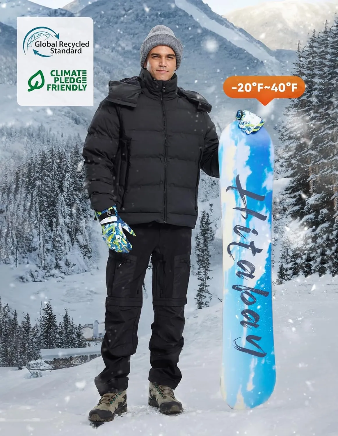 fit space Men's Thickened Down Jacket Super Warm Winter Puffer Jacket Snow Coat with Detachable Hood Waterproof Windproof