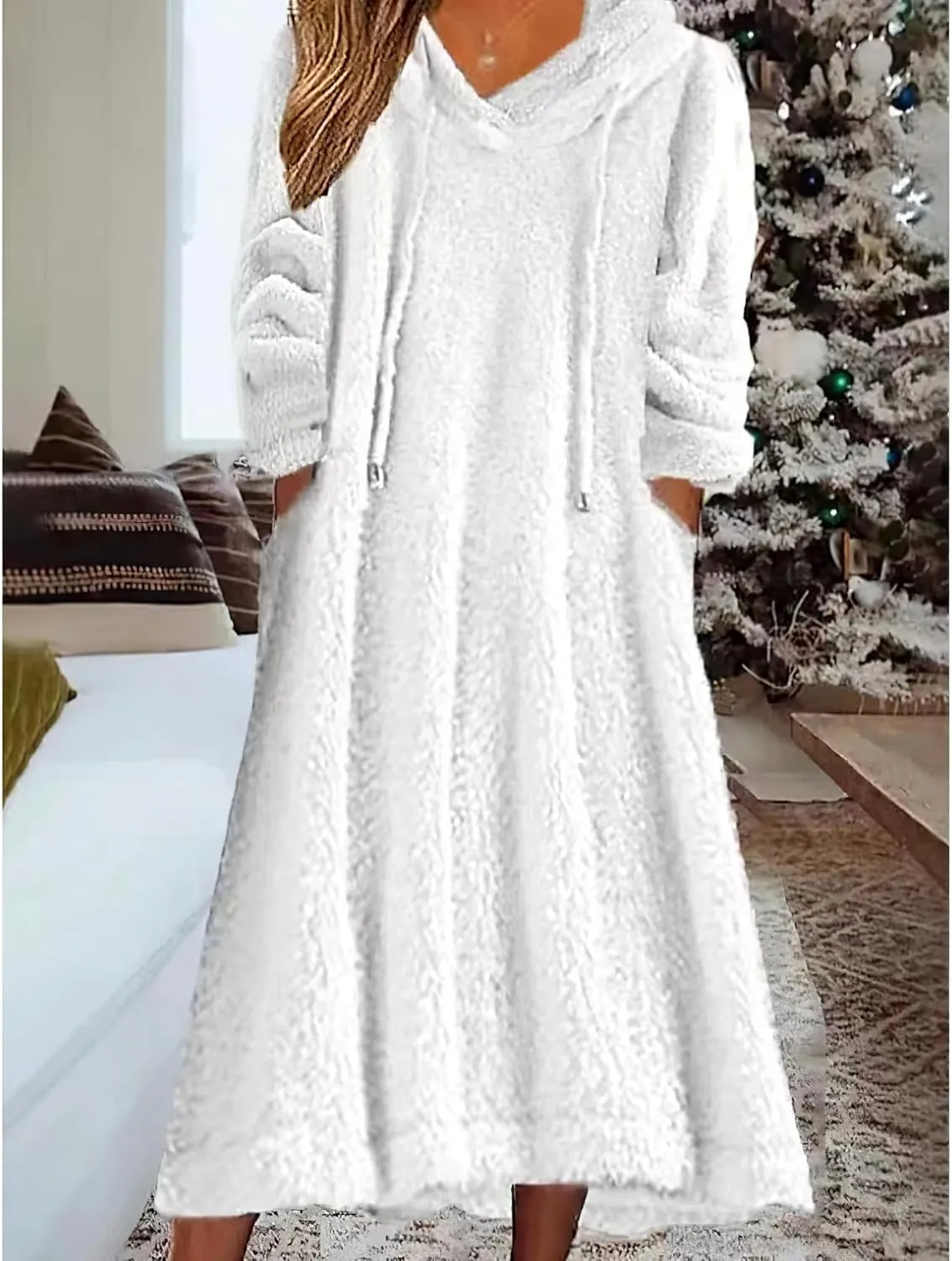 Fleece Hooded Dress for Women Plush Fuzzy Sherpa Sweatshirt Robe Fluffy Granular Oversized Nightgown Pullover Lounger