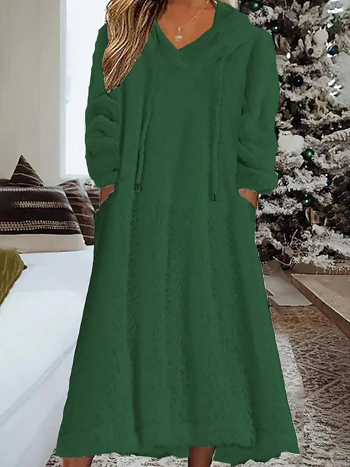 Fleece Hooded Dress for Women Plush Fuzzy Sherpa Sweatshirt Robe Fluffy Granular Oversized Nightgown Pullover Lounger