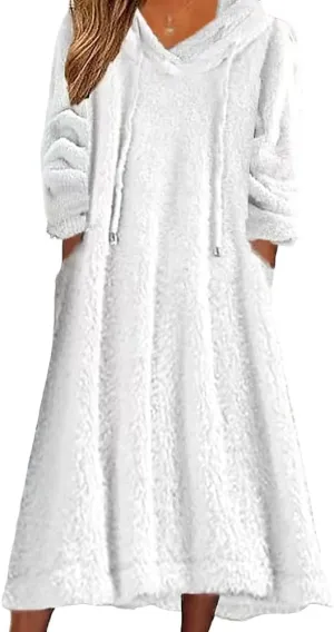 Fleece Hooded Dress for Women Plush Fuzzy Sherpa Sweatshirt Robe Fluffy Granular Oversized Nightgown Pullover Lounger