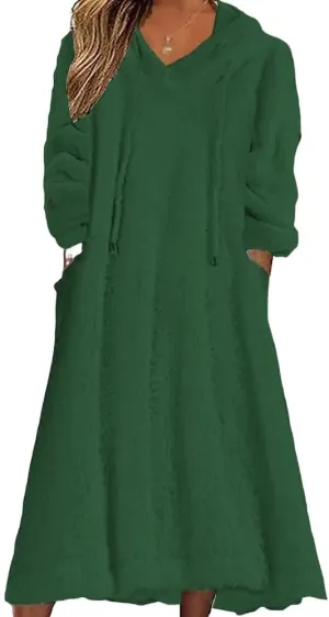 Fleece Hooded Dress for Women Plush Fuzzy Sherpa Sweatshirt Robe Fluffy Granular Oversized Nightgown Pullover Lounger