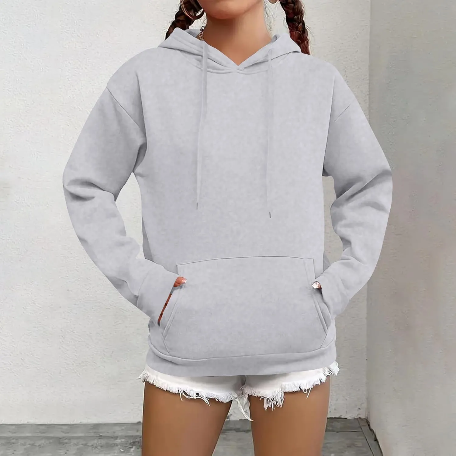 Fleece Hoodie Women Long Sleeve Drawstring Hooded Sweatshirt with Pockets Relaxed Fit Comfy Pullover Fall Sweater