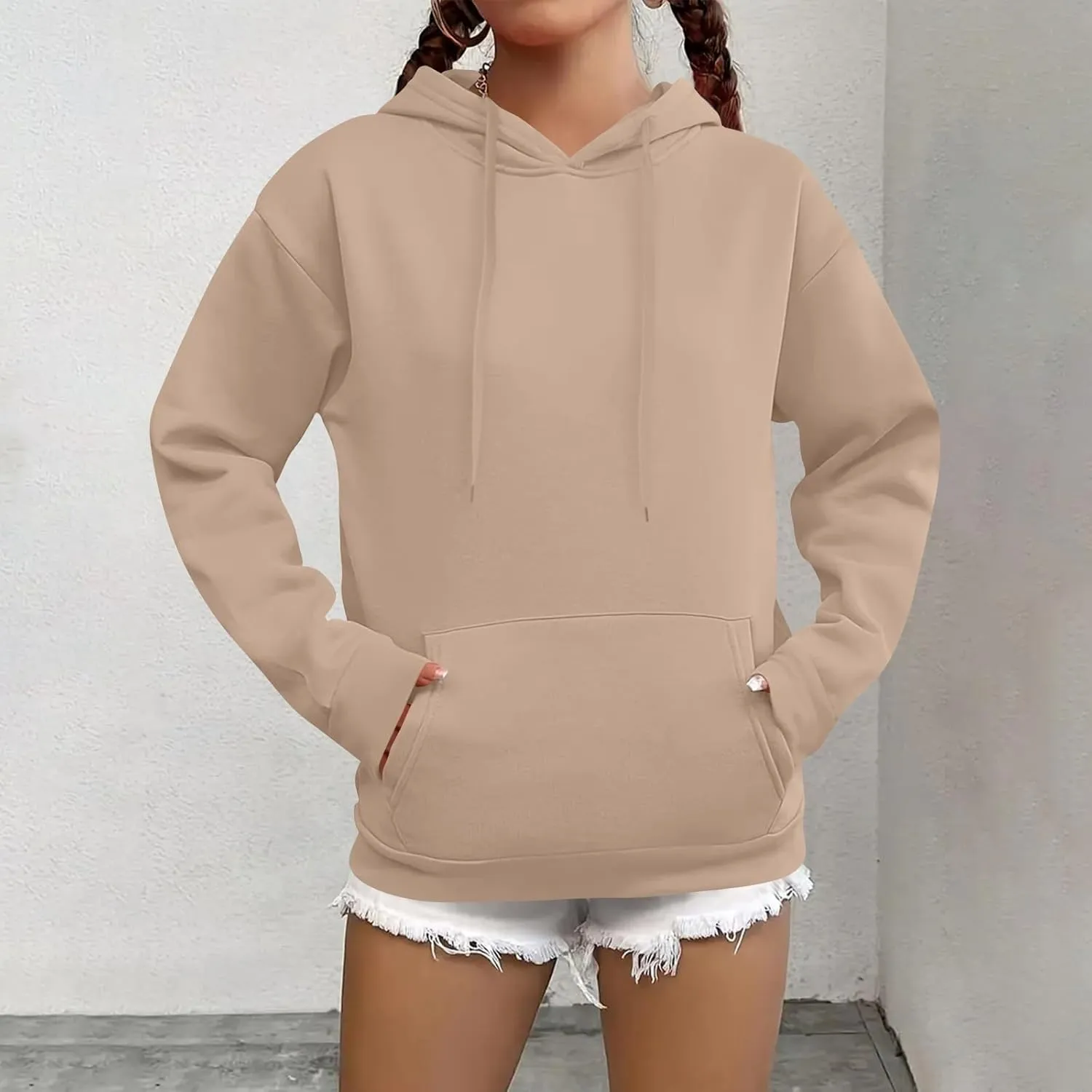 Fleece Hoodie Women Long Sleeve Drawstring Hooded Sweatshirt with Pockets Relaxed Fit Comfy Pullover Fall Sweater