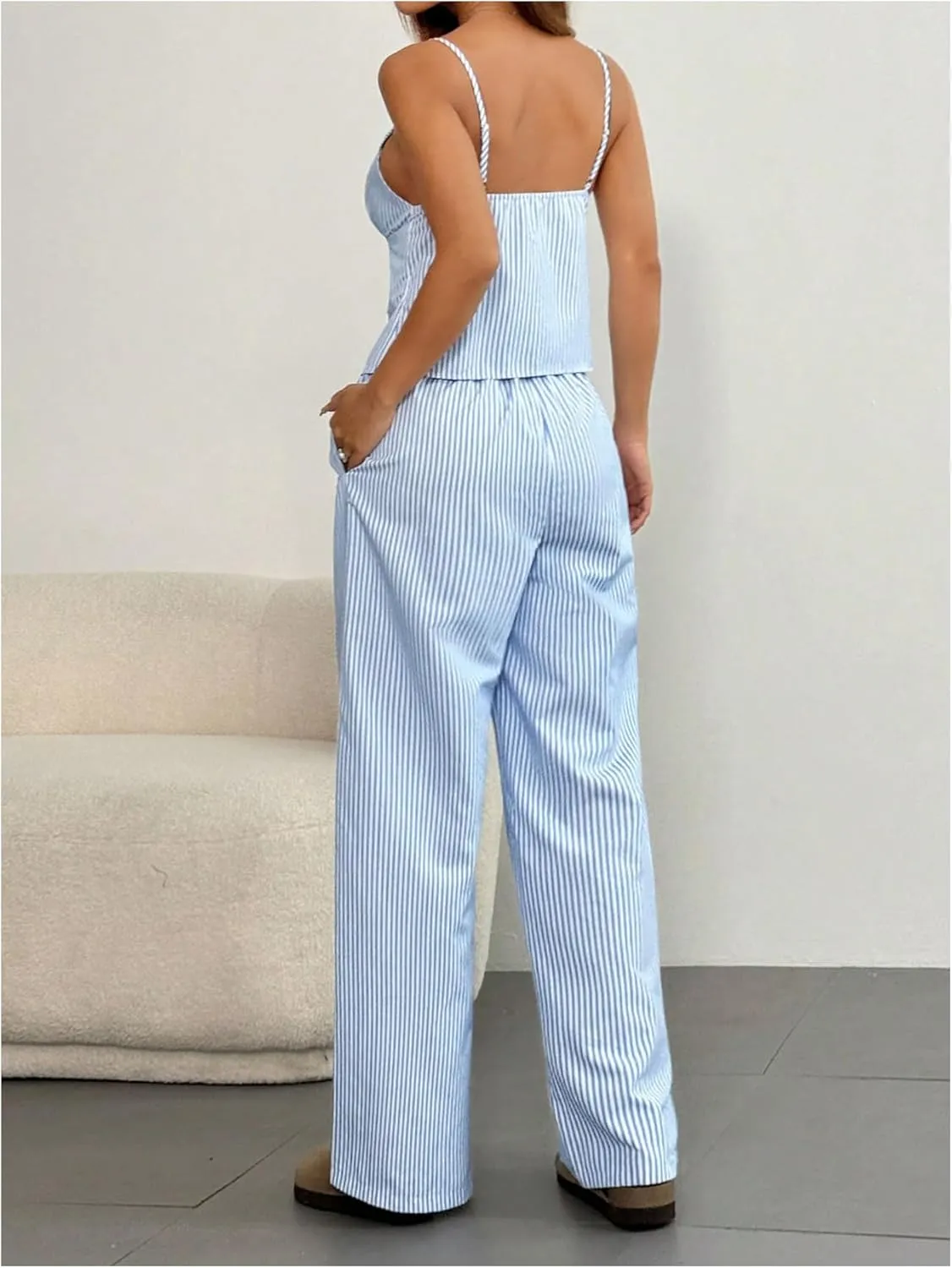 Floerns Women's 2 Piece Outfit Striped Tie Front Camisole Tops and Long Pants Set
