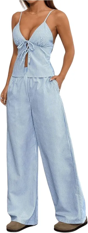 Floerns Women's 2 Piece Outfit Striped Tie Front Camisole Tops and Long Pants Set