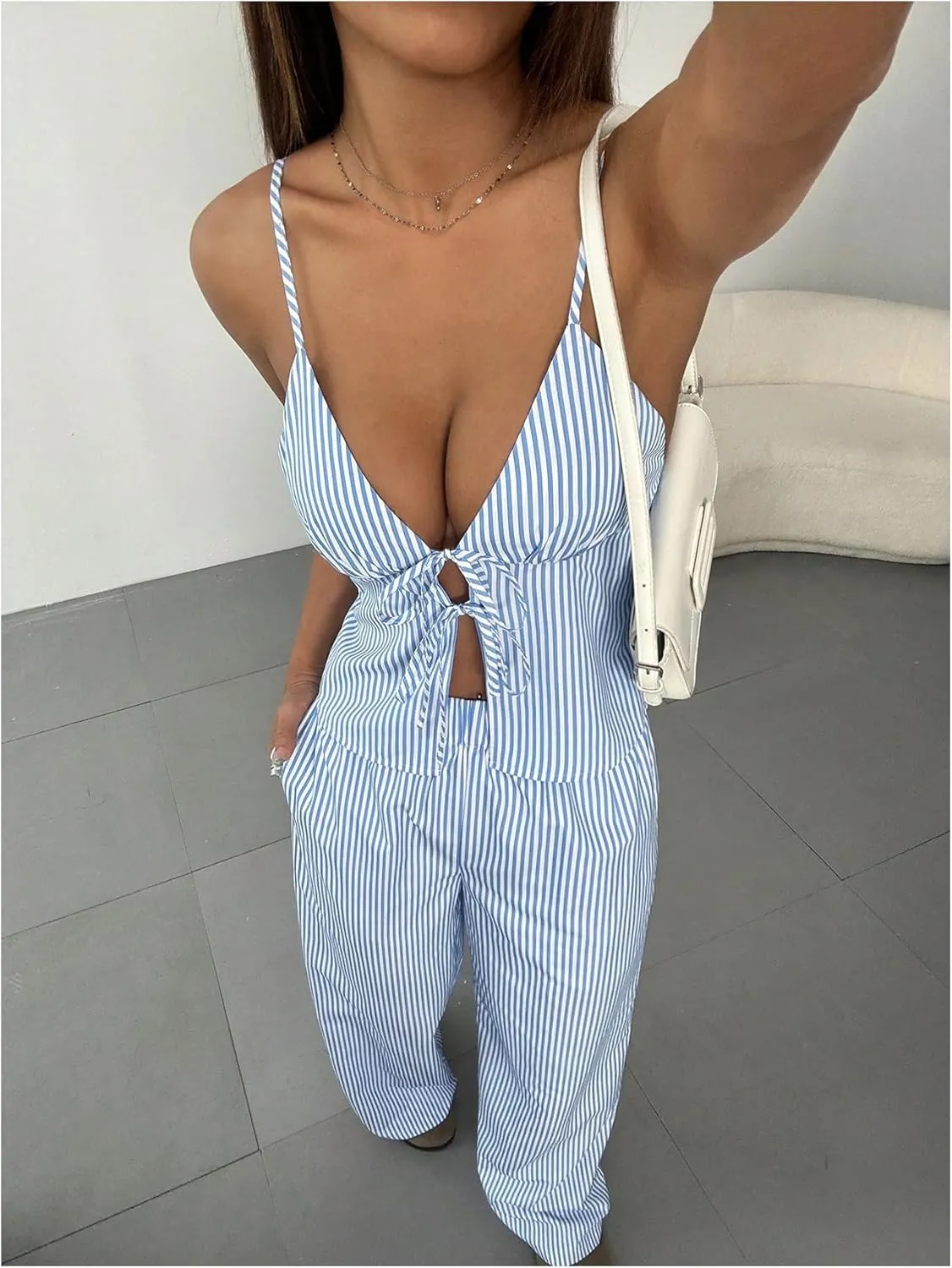 Floerns Women's 2 Piece Outfit Striped Tie Front Camisole Tops and Long Pants Set