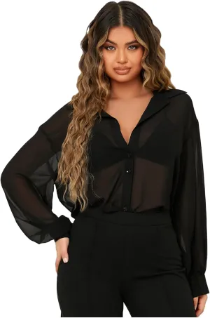 Floerns Women's Sheer Mesh Button Up Short Sleeve Shirt See Through Blouse Tops