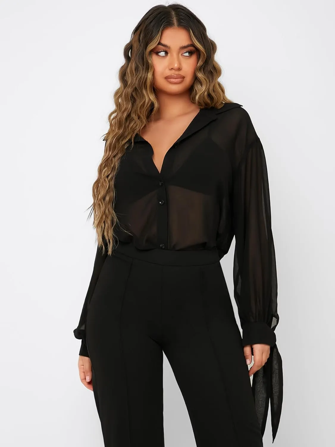 Floerns Women's Sheer Mesh Button Up Short Sleeve Shirt See Through Blouse Tops