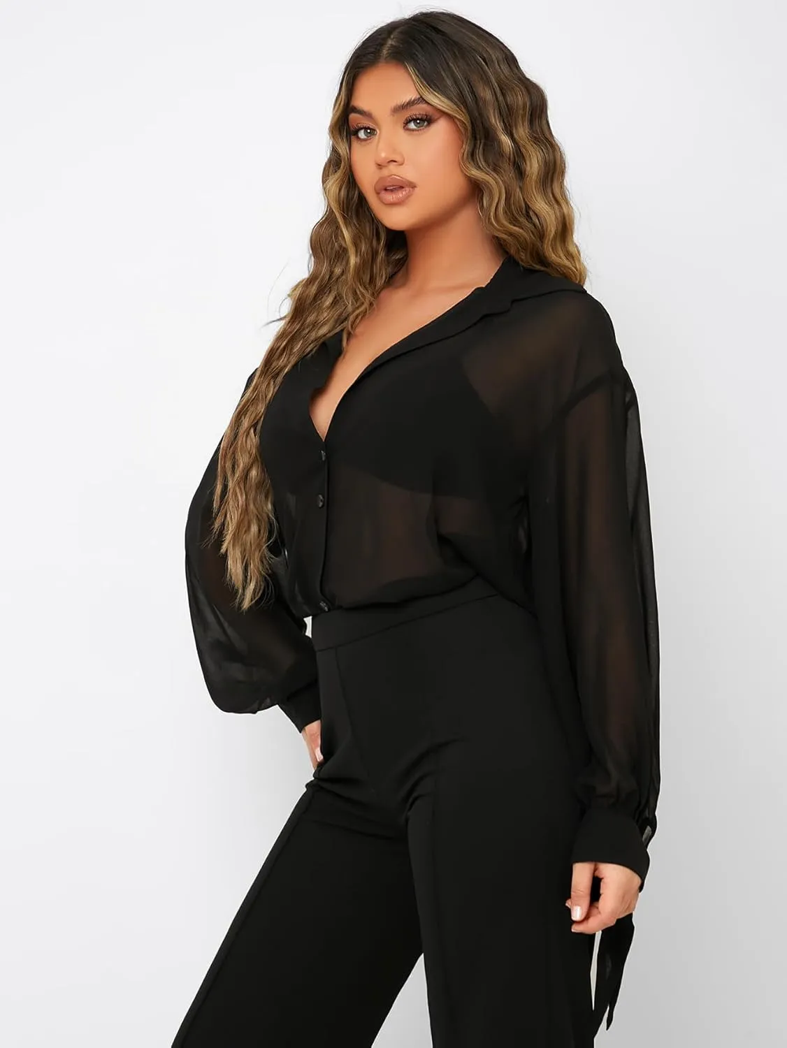 Floerns Women's Sheer Mesh Button Up Short Sleeve Shirt See Through Blouse Tops