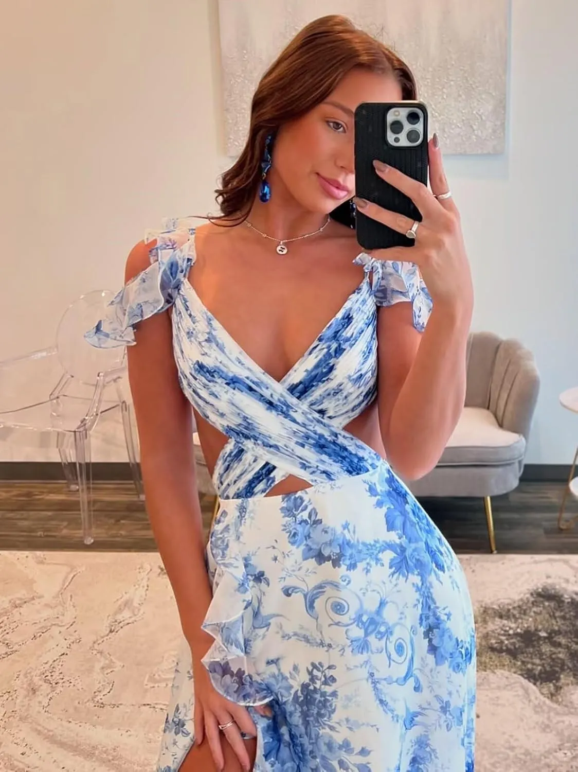 Floral Print Tiered Prom Dress with Slit Long Cross V Neck Ruffle Formal Evening Party Gown