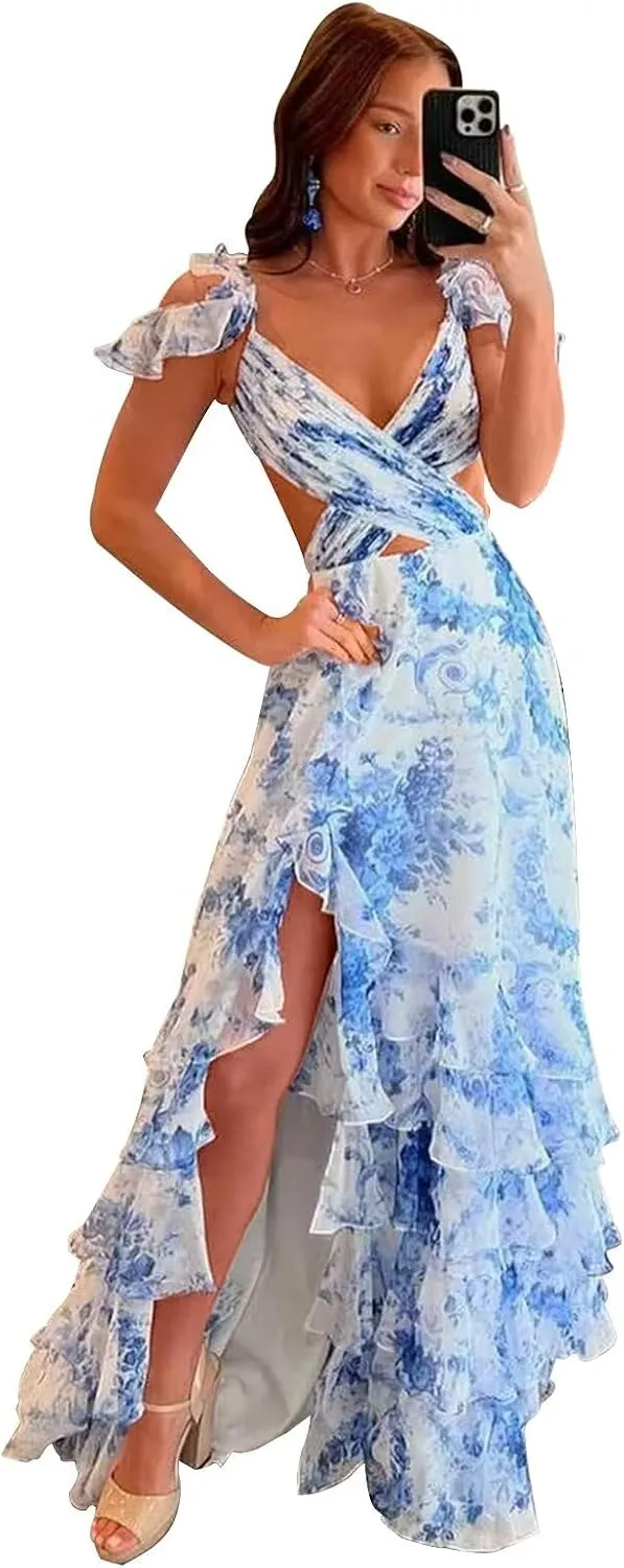 Floral Print Tiered Prom Dress with Slit Long Cross V Neck Ruffle Formal Evening Party Gown