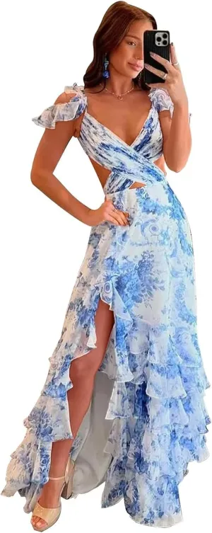 Floral Print Tiered Prom Dress with Slit Long Cross V Neck Ruffle Formal Evening Party Gown