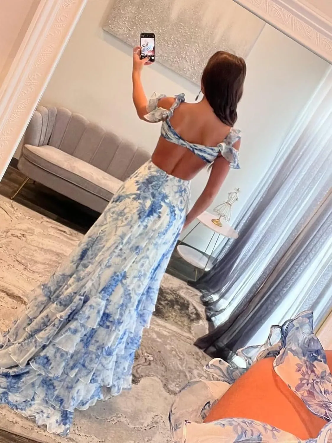 Floral Print Tiered Prom Dress with Slit Long Cross V Neck Ruffle Formal Evening Party Gown