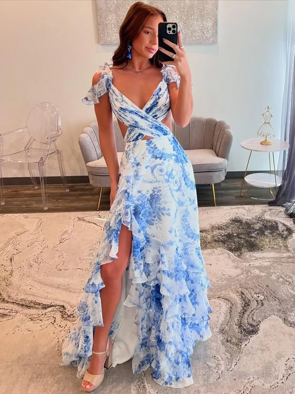 Floral Print Tiered Prom Dress with Slit Long Cross V Neck Ruffle Formal Evening Party Gown