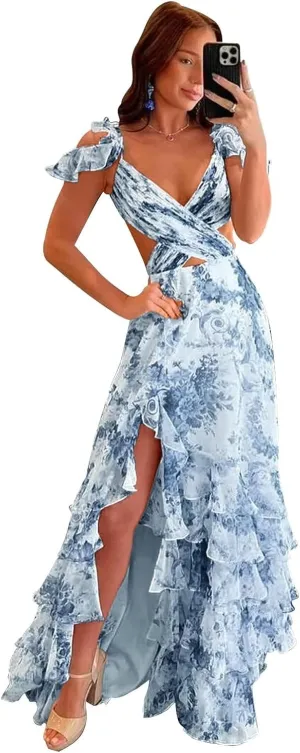 Floral Print Tiered Prom Dress with Slit Long Cross V Neck Ruffle Formal Evening Party Gown
