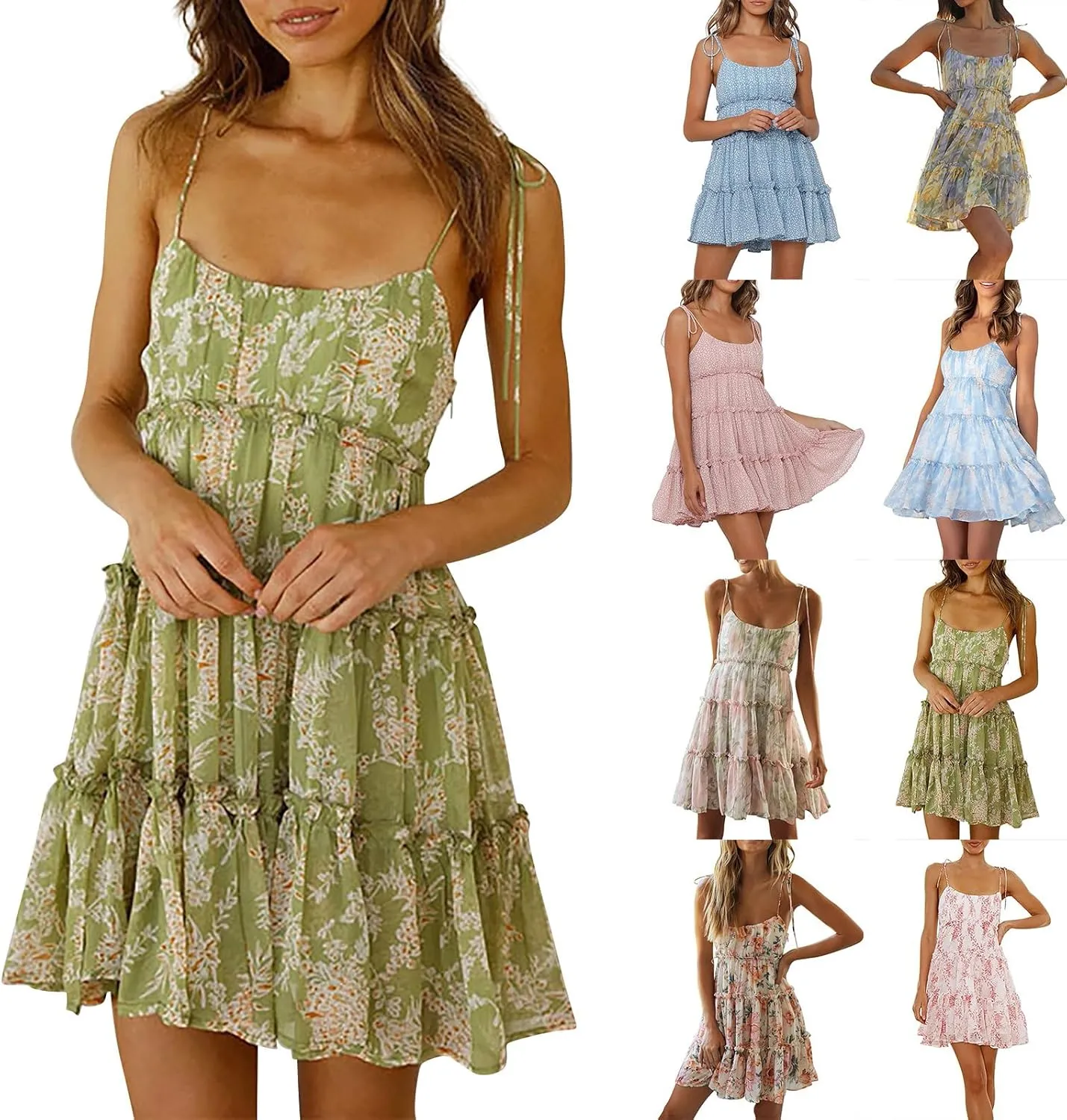 Floral Sundresses for Women 2025 Chiffon Spaghetti Strap Mini Babydoll Dress Casual Summer Tiered Ruffle Dress