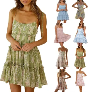Floral Sundresses for Women 2025 Chiffon Spaghetti Strap Mini Babydoll Dress Casual Summer Tiered Ruffle Dress