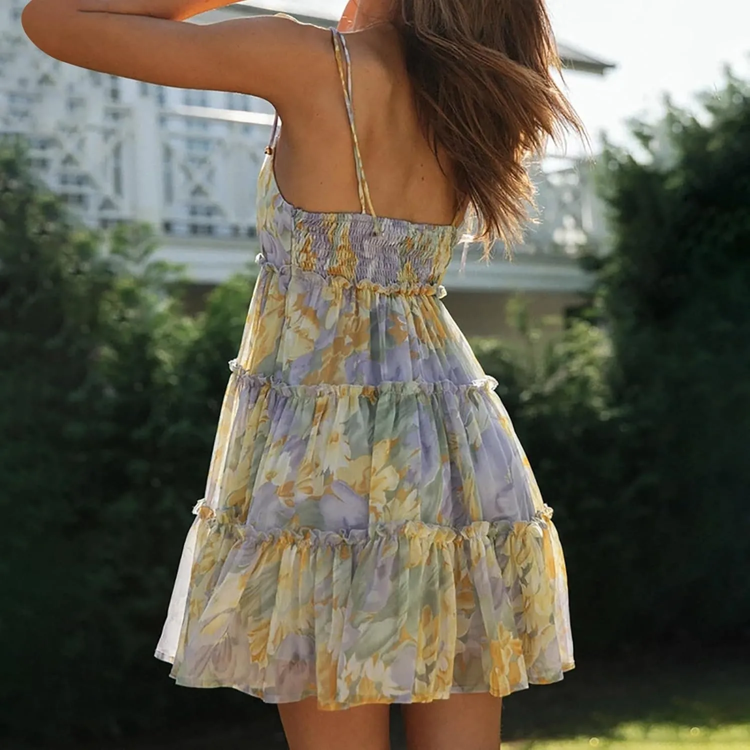 Floral Sundresses for Women 2025 Chiffon Spaghetti Strap Mini Babydoll Dress Casual Summer Tiered Ruffle Dress