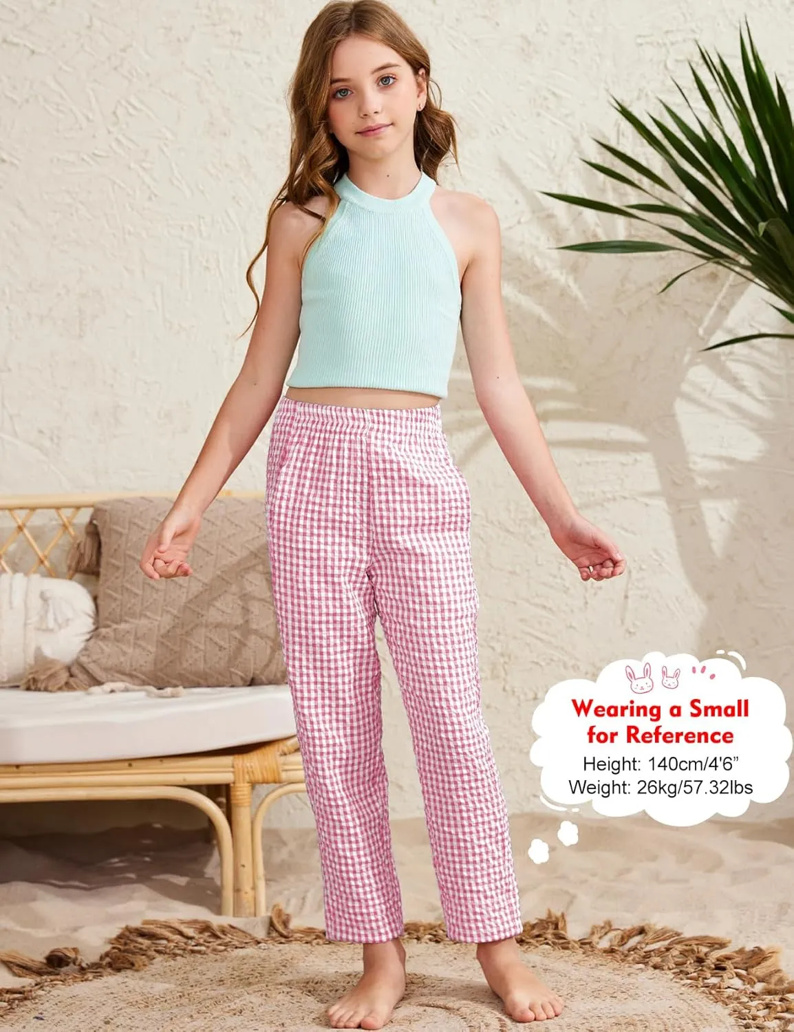 Flygo Girls Plaid Wide Leg Pants Gingham Elastic Waist Trousers Cute Print Bottoms with Slant Pockets