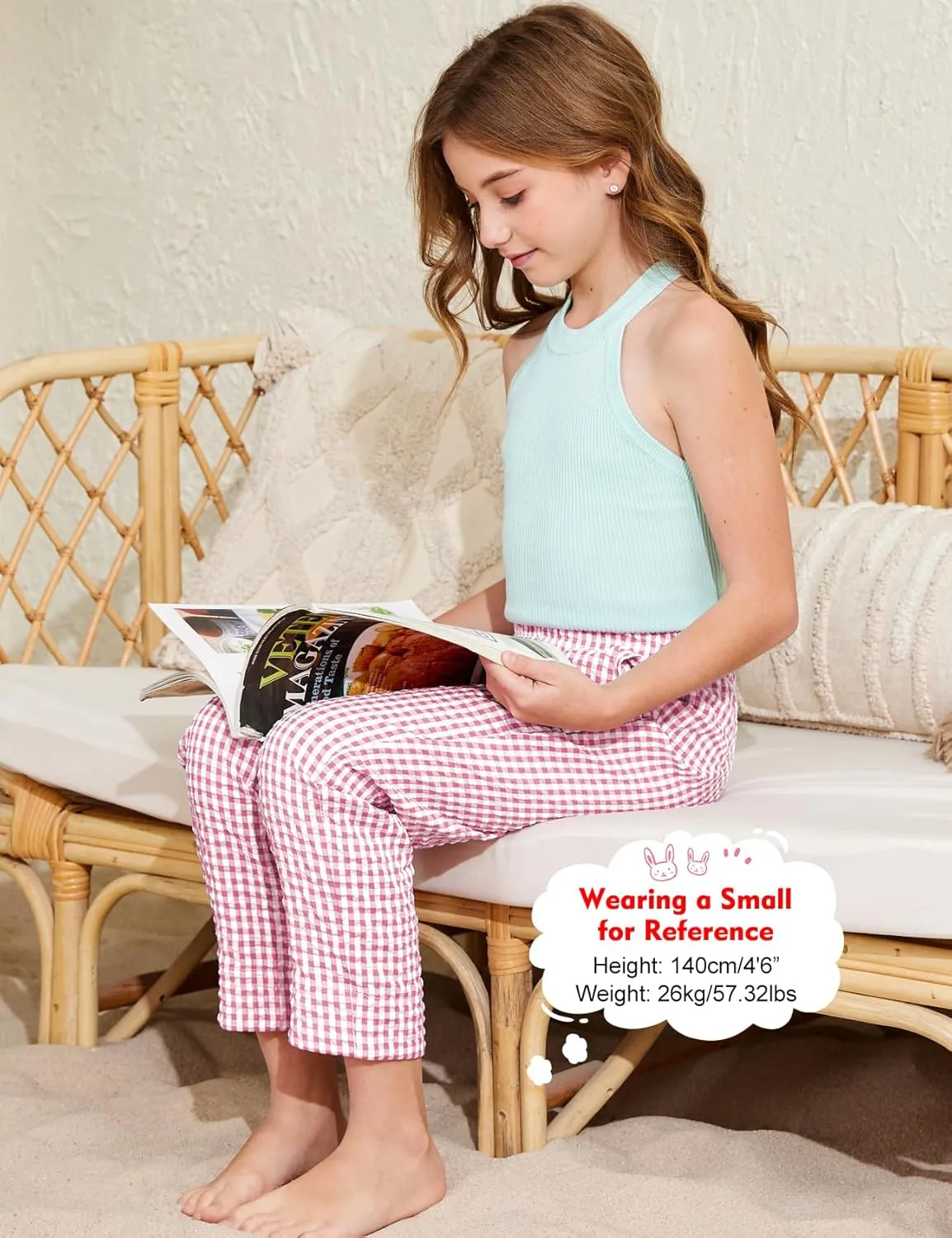 Flygo Girls Plaid Wide Leg Pants Gingham Elastic Waist Trousers Cute Print Bottoms with Slant Pockets