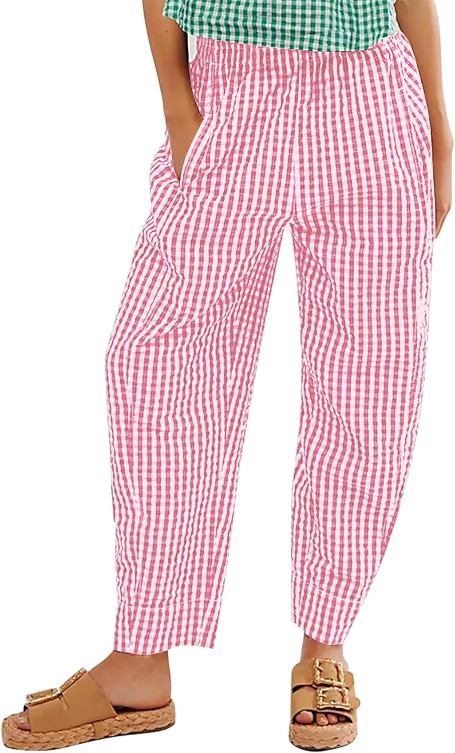 Flygo Girls Plaid Wide Leg Pants Gingham Elastic Waist Trousers Cute Print Bottoms with Slant Pockets