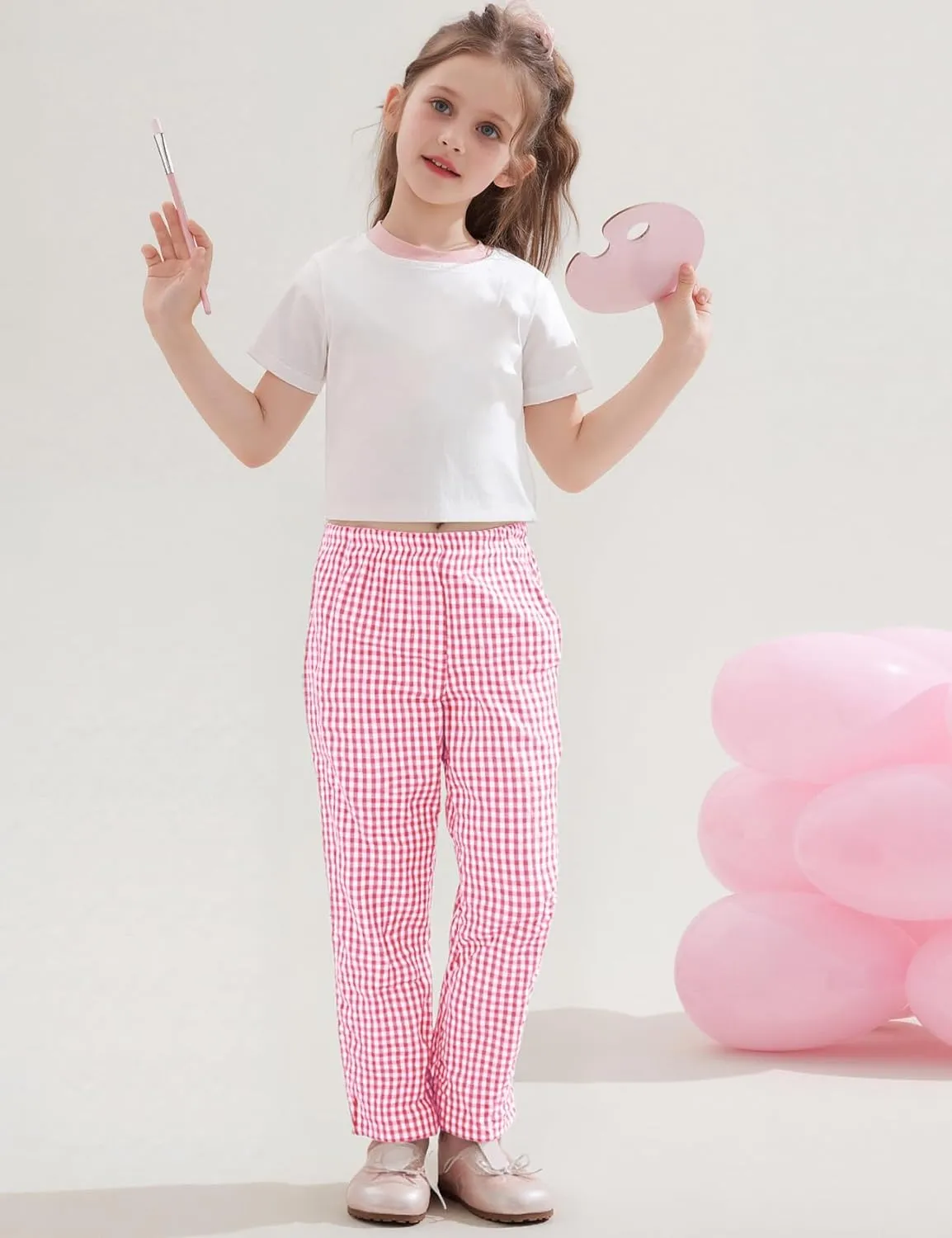 Flygo Girls Plaid Wide Leg Pants Gingham Elastic Waist Trousers Cute Print Bottoms with Slant Pockets