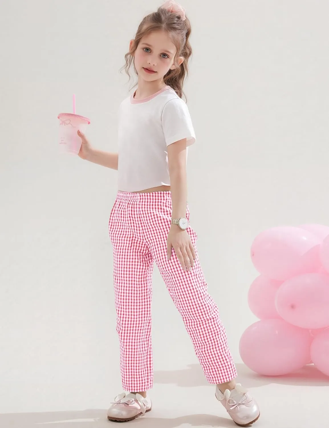 Flygo Girls Plaid Wide Leg Pants Gingham Elastic Waist Trousers Cute Print Bottoms with Slant Pockets