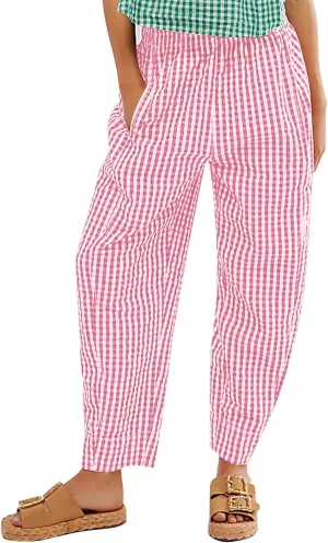 Flygo Girls Plaid Wide Leg Pants Gingham Elastic Waist Trousers Cute Print Bottoms with Slant Pockets