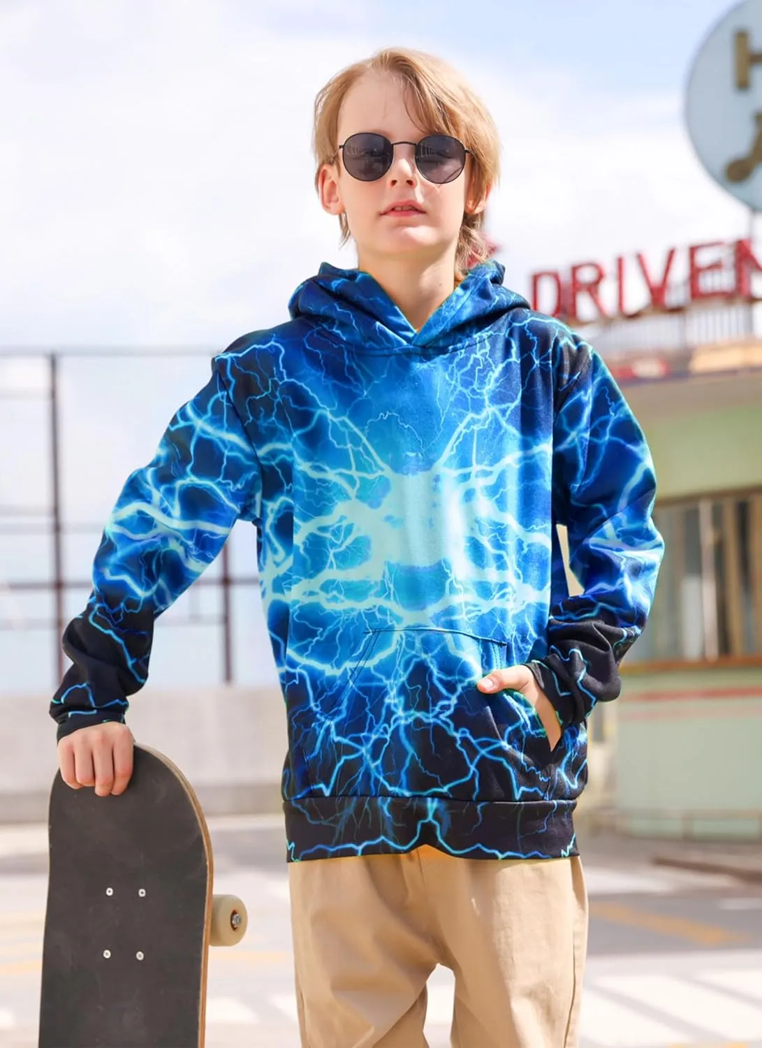 Funnycokid Boys Hoodies Kids Sweatshirts Warm Youth Girls Graphic Pullover Fleece Hooded Clothes with Pocket 5-16 Years